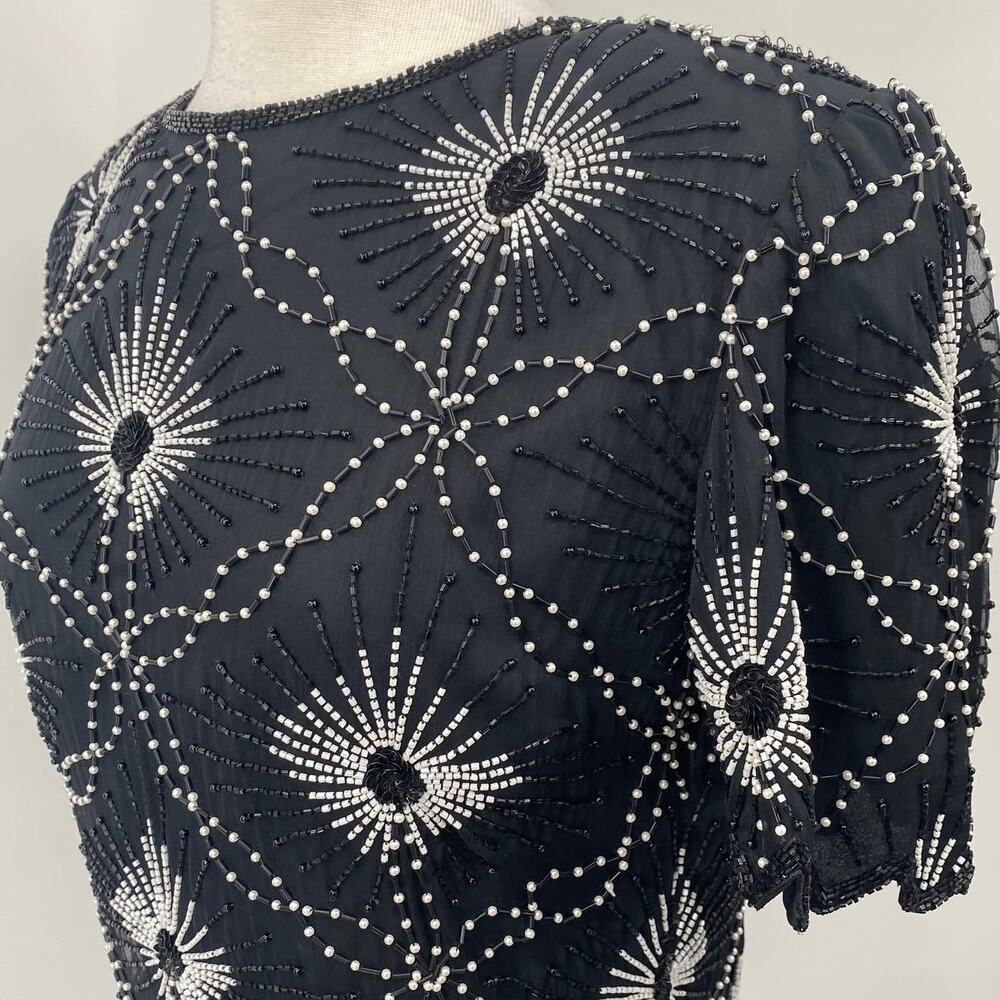 Vintage Scala Pure Silk Beaded Pearl Top Short Sleeve Black White Womens size XL - Picture 5 of 13